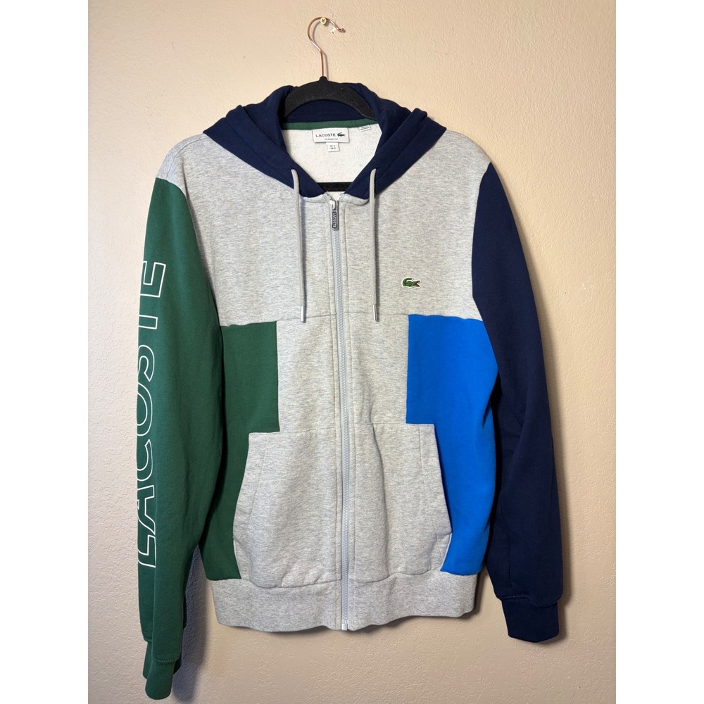 Lacoste Mens Colorblock Full Zip Hoodie Grey Navy Green Blue Logo Size M FR 4